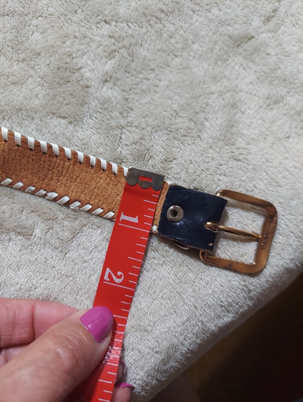 Vintage Navy Blue Leather White Whipstitch Double Buckle Belt Coastal S/M - Picture 10 of 13
